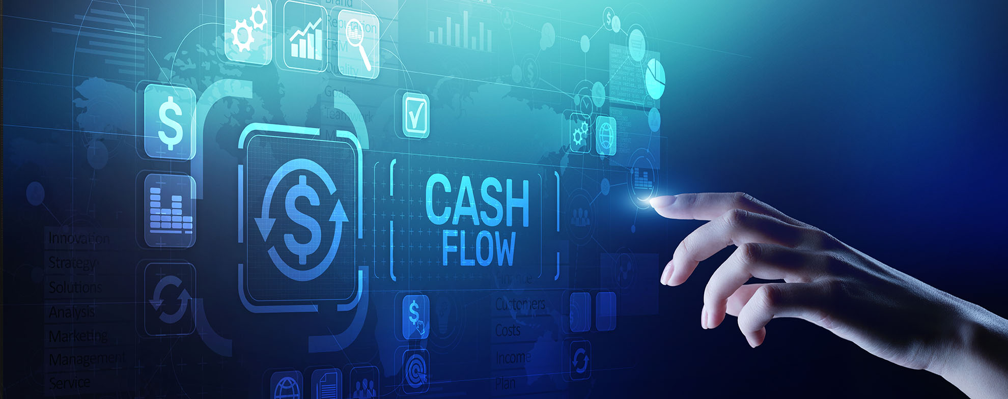 Cash flow button on virtual screen. Business Tehcnology concept.